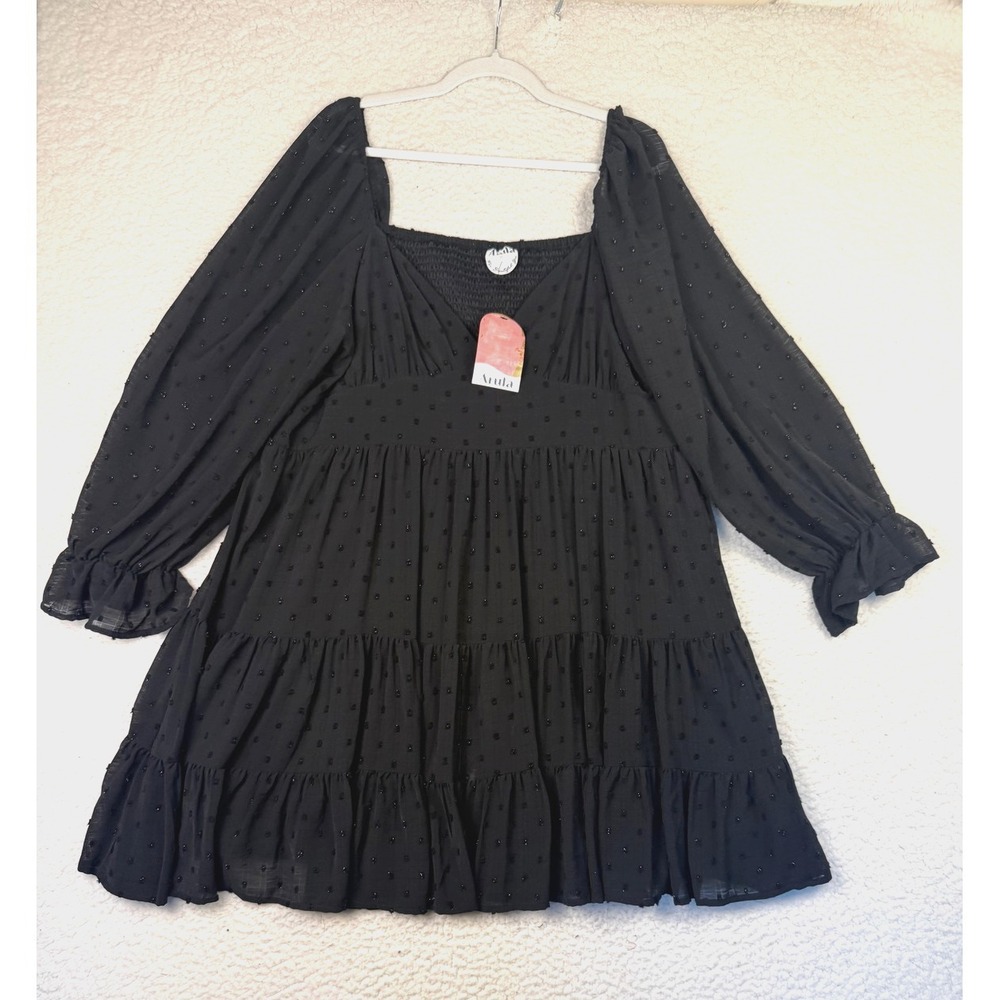 NWT Arula Dress Womens Size XXL Black Dot Smocked Puff Sleeve Tiered Whimsygoth